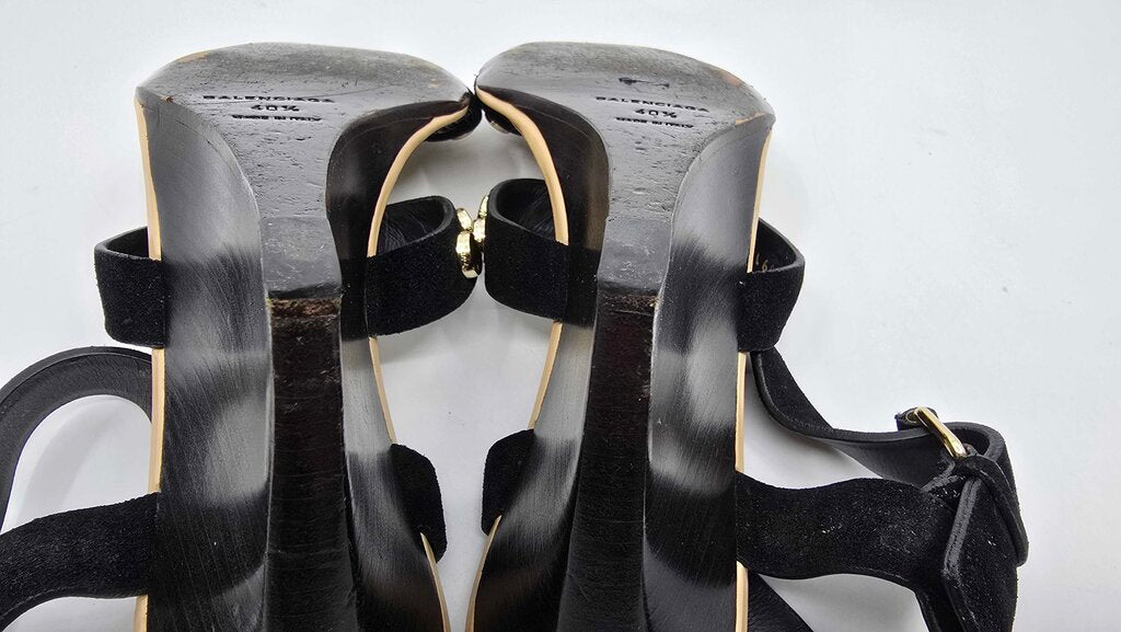 Balenciaga Leather Studded Accent T-Strap Sandals