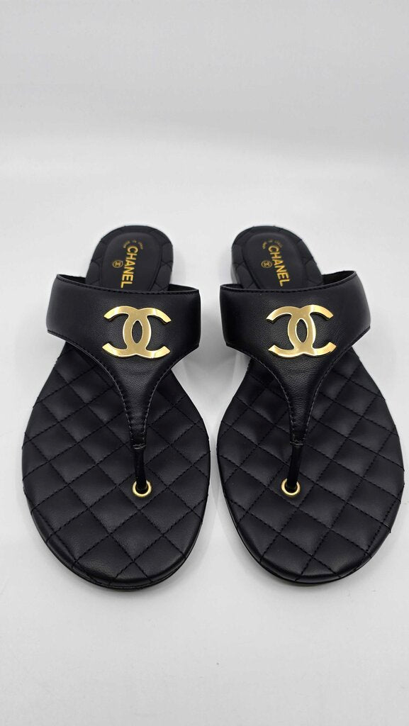 Chanel 2026 Lambskin Leather Golden CC Logo Flat Thong Sandals