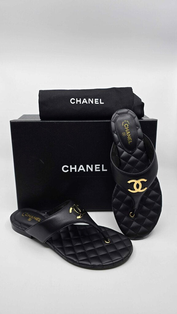 Chanel 2026 Lambskin Leather Golden CC Logo Flat Thong Sandals