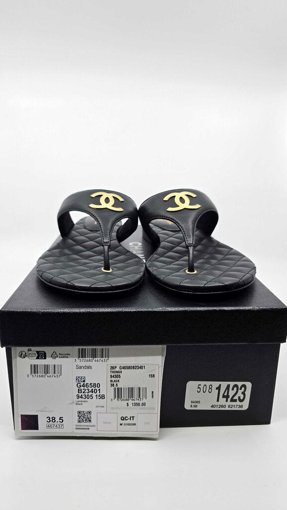 Chanel 2026 Lambskin Leather Golden CC Logo Flat Thong Sandals