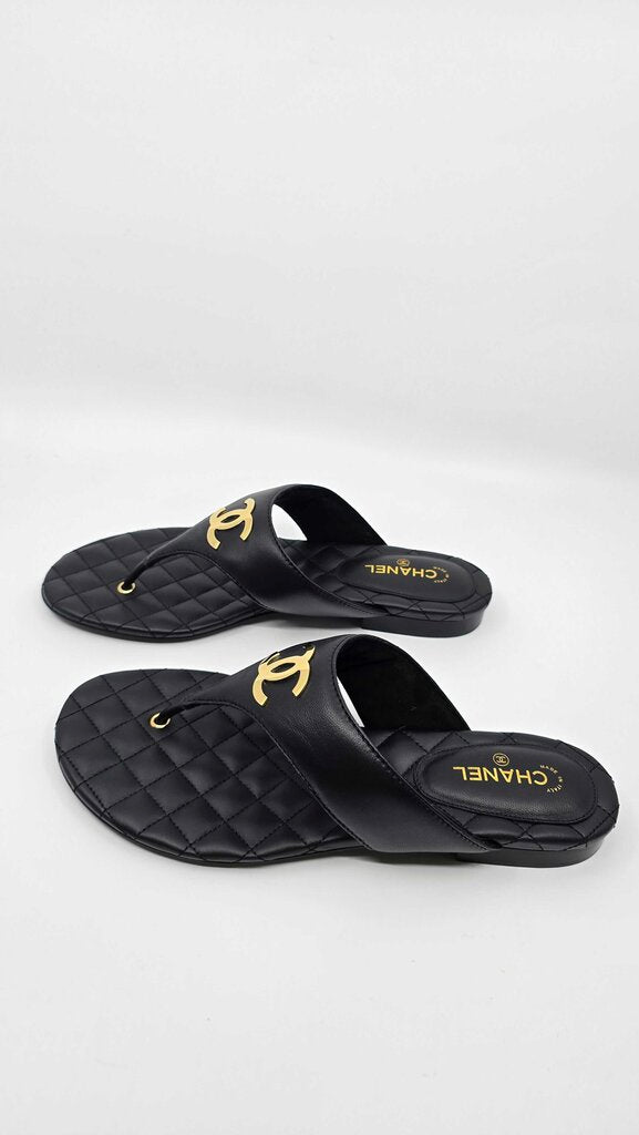 Chanel 2026 Lambskin Leather Golden CC Logo Flat Thong Sandals