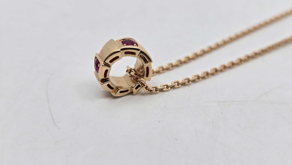 Bulgari Serpenti Viper Pendant Necklace 18K Rose Gold with Rubies