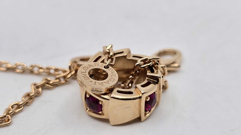 Bulgari Serpenti Viper Pendant Necklace 18K Rose Gold with Rubies