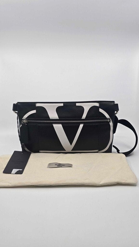 Valentino Black Calfskin Leather V logo Messenger Pouch