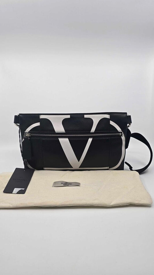 Valentino Black Calfskin Leather V logo Messenger Pouch