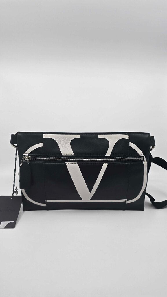 Valentino Black Calfskin Leather V logo Messenger Pouch