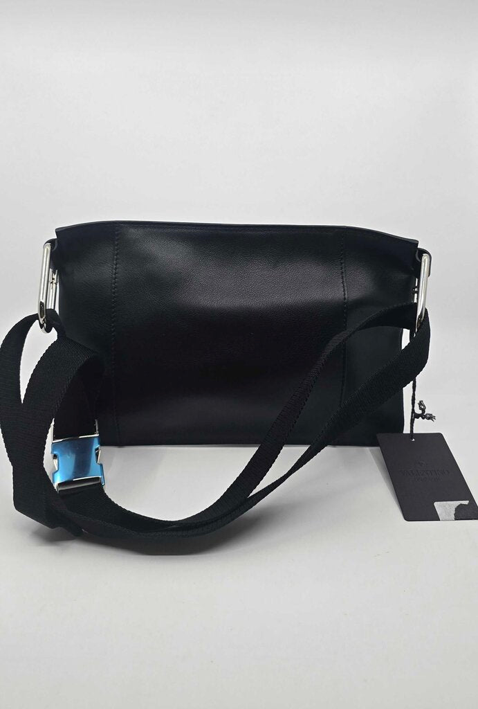 Valentino Black Calfskin Leather V logo Messenger Pouch