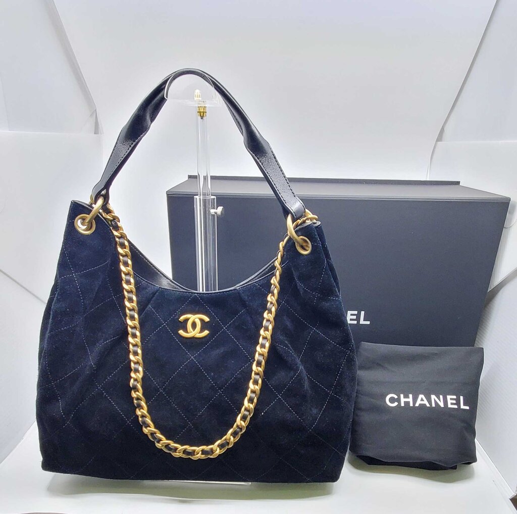 Chanel 2026 Maxi Hobo Bag in black suede with antique gold hardware