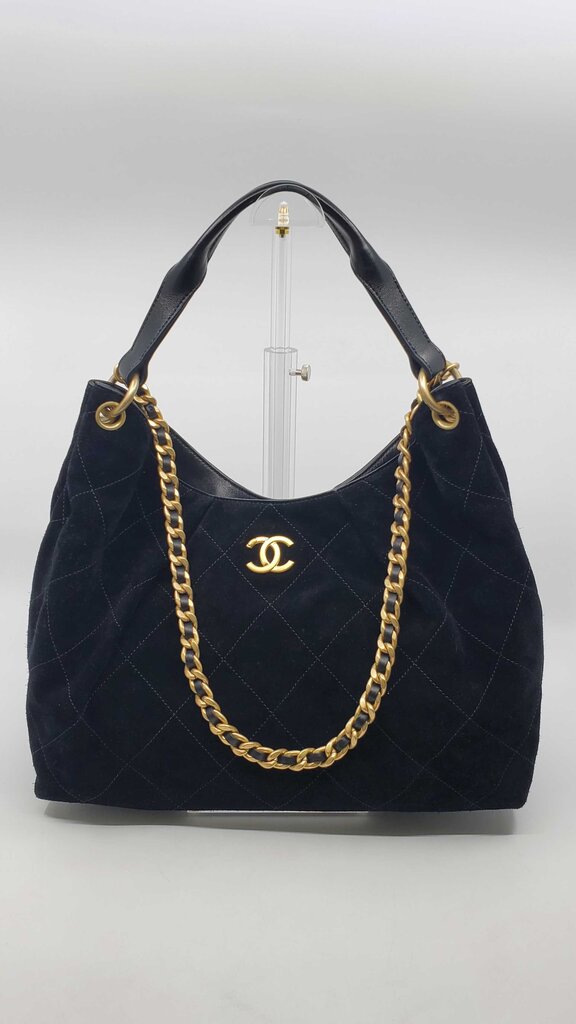 Chanel 2026 Maxi Hobo Bag in black suede with antique gold hardware