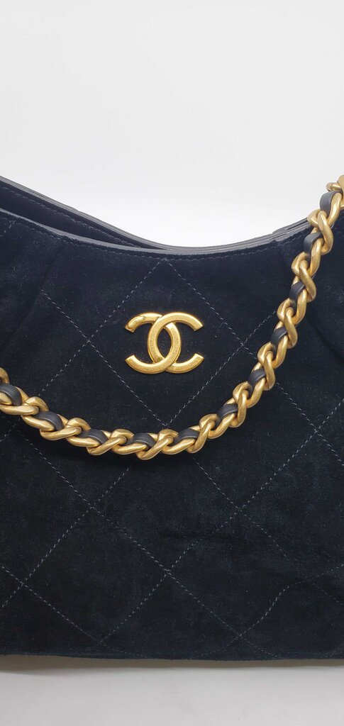 Chanel 2026 Maxi Hobo Bag in black suede with antique gold hardware