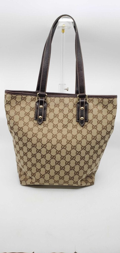Gucci Beige/Brown GG Canvas tote bag featuring mushroom embroidery and a mushroom charm