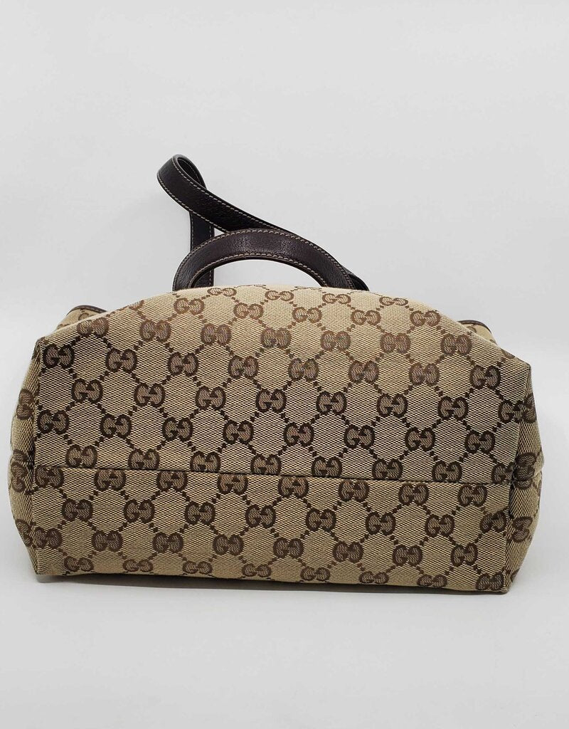 Gucci Beige/Brown GG Canvas tote bag featuring mushroom embroidery and a mushroom charm