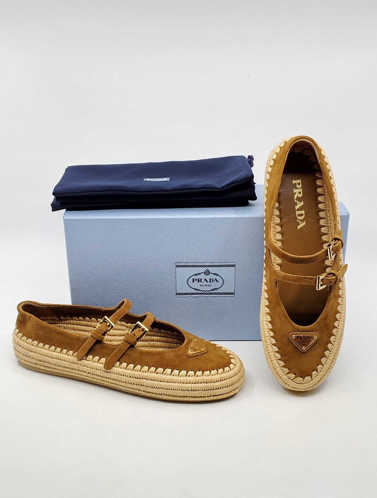 Prada Raffia Double strap Mary Jane Flats