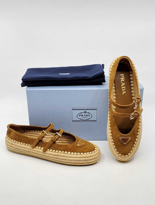 Prada Raffia Double strap Mary Jane Flats