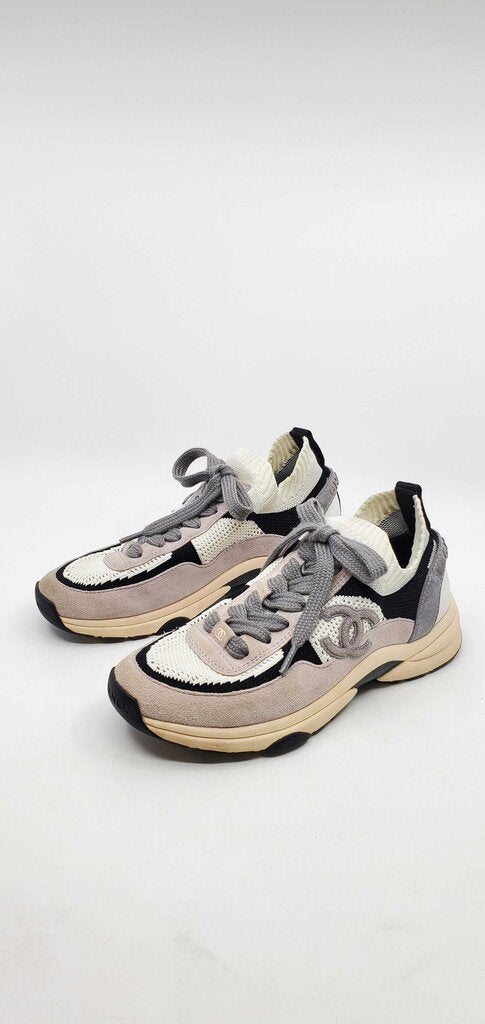 Chanel CC low top suede and knit mesh sneakers