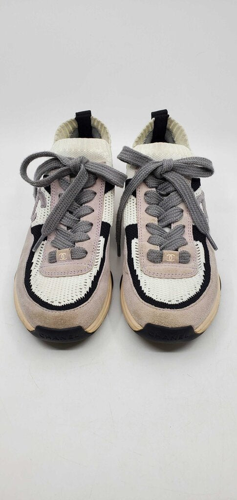 Chanel CC low top suede and knit mesh sneakers