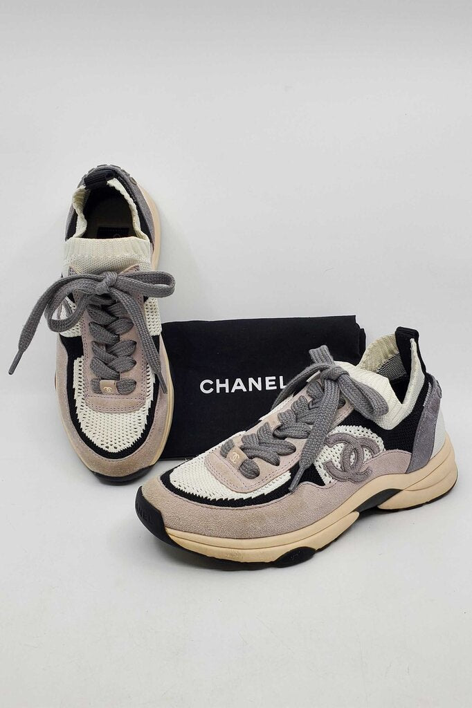 Chanel CC low top suede and knit mesh sneakers