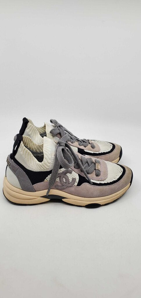 Chanel CC low top suede and knit mesh sneakers