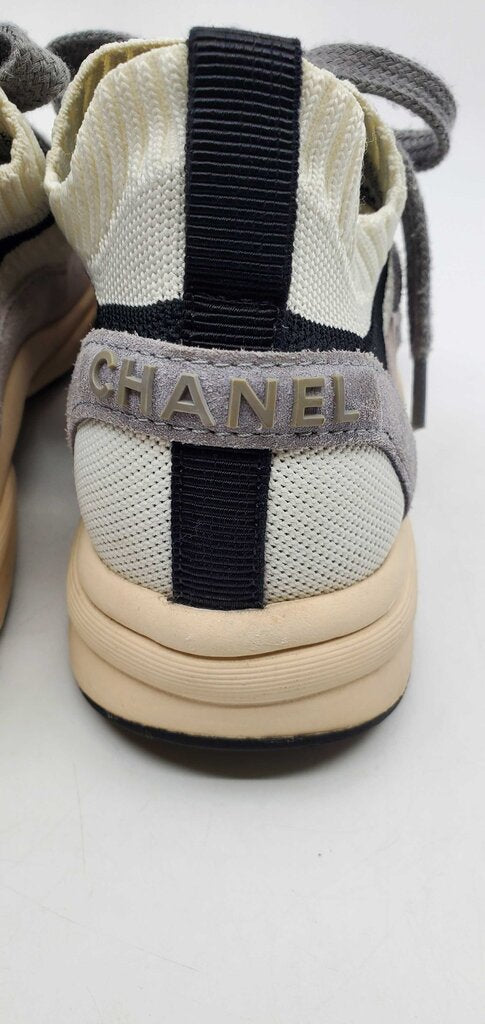 Chanel CC low top suede and knit mesh sneakers