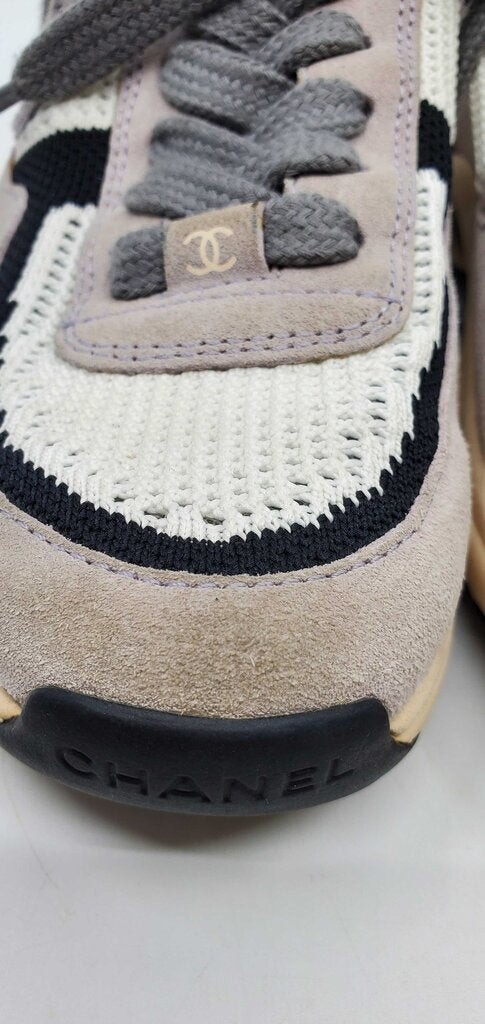 Chanel CC low top suede and knit mesh sneakers