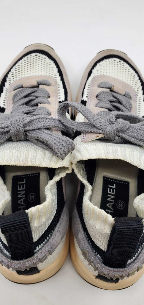 Chanel CC low top suede and knit mesh sneakers
