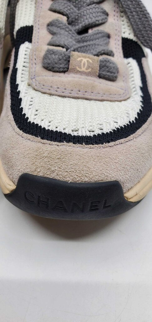 Chanel CC low top suede and knit mesh sneakers