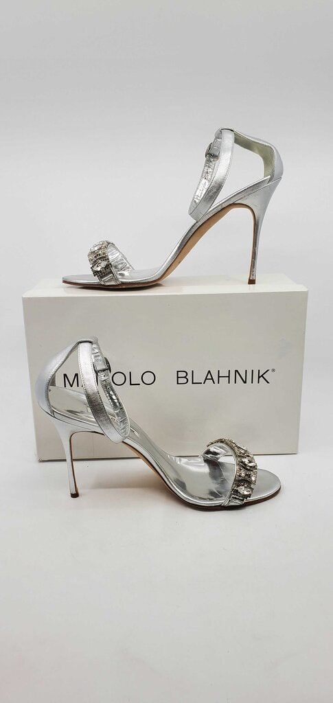 Manolo Blahnik Chamosca 105 Metallic Sandals w/ Crystal Embellished Strap