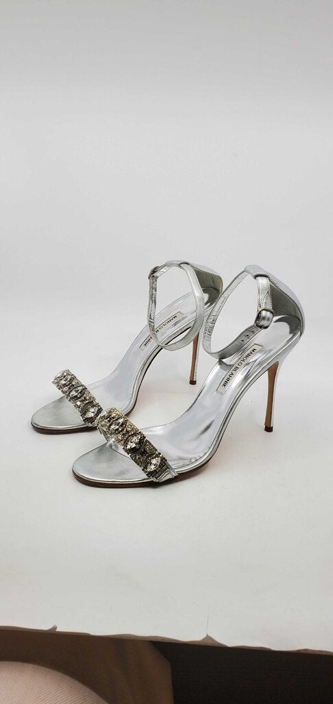 Manolo Blahnik Chamosca 105 Metallic Sandals w/ Crystal Embellished Strap
