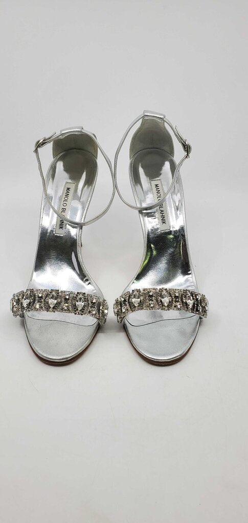 Manolo Blahnik Chamosca 105 Metallic Sandals w/ Crystal Embellished Strap