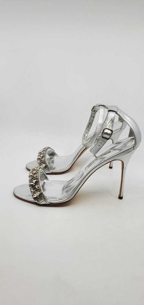 Manolo Blahnik Chamosca 105 Metallic Sandals w/ Crystal Embellished Strap