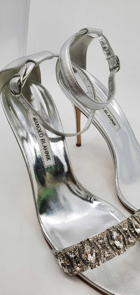 Manolo Blahnik Chamosca 105 Metallic Sandals w/ Crystal Embellished Strap