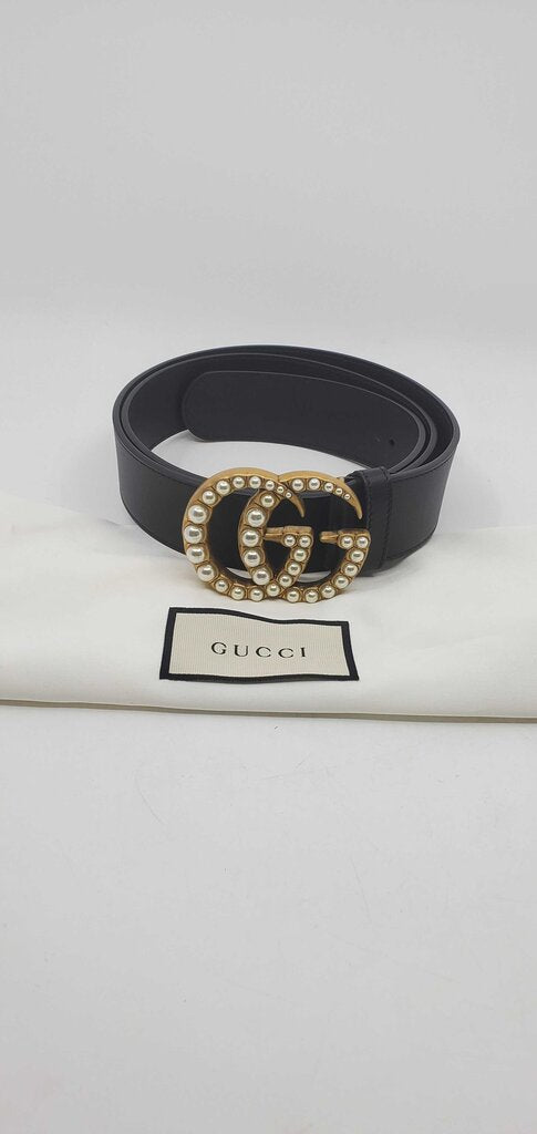 Gucci GG Marmont Faux Pearl Accents Leather Belt