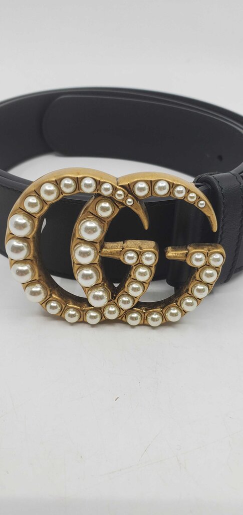 Gucci GG Marmont Faux Pearl Accents Leather Belt