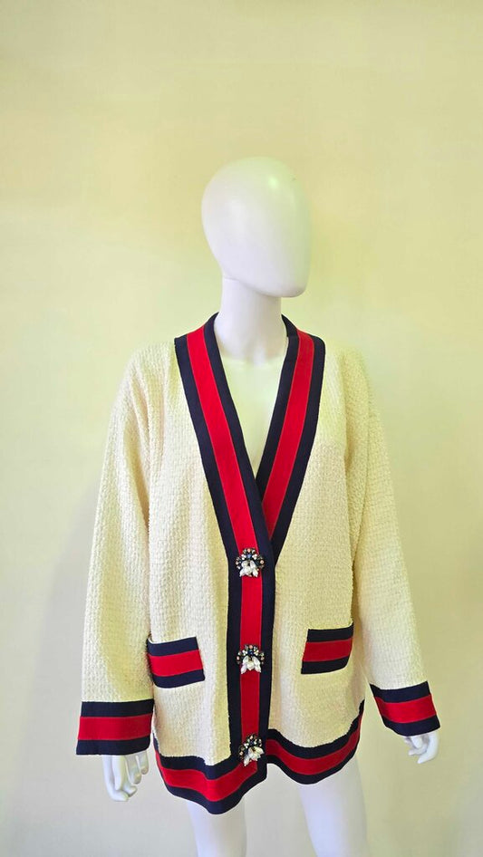 Gucci Oversized Tweed Web Trim Cardigan