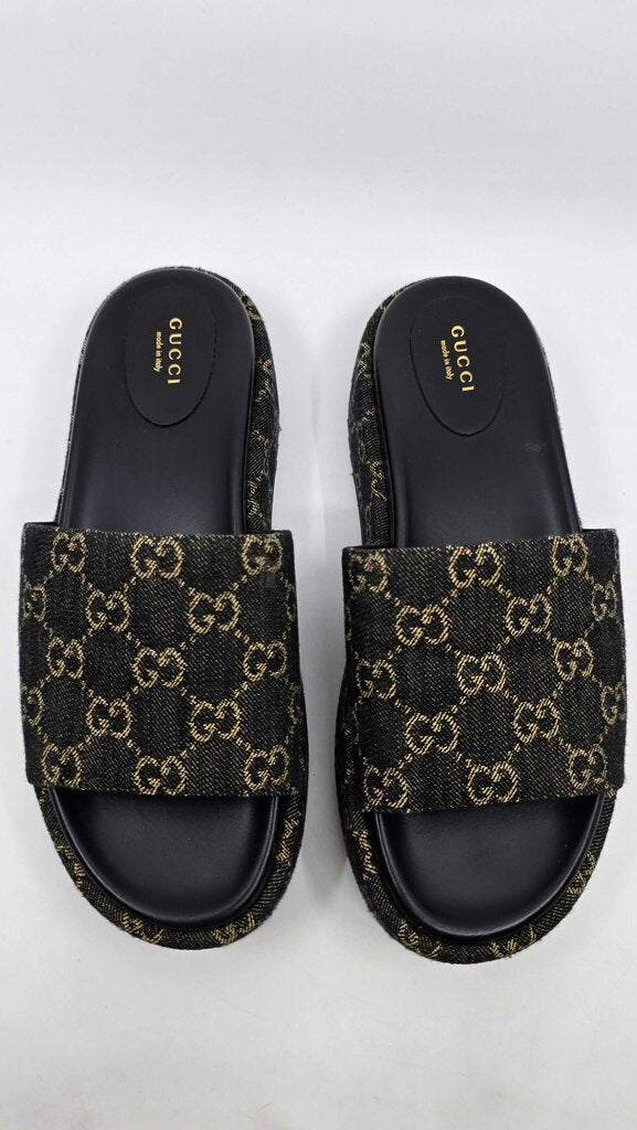 Gucci Jacquard Denim GG Monogram Angelina Platform Slide Sandals