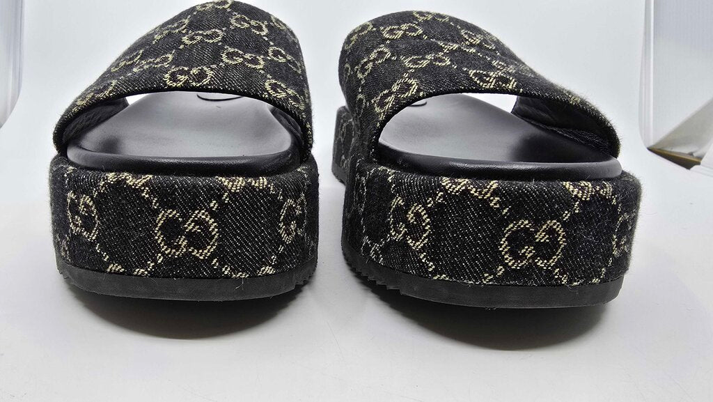 Gucci Jacquard Denim GG Monogram Angelina Platform Slide Sandals