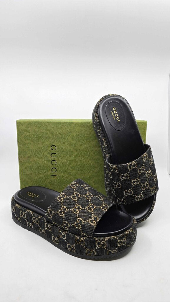Gucci Jacquard Denim GG Monogram Angelina Platform Slide Sandals