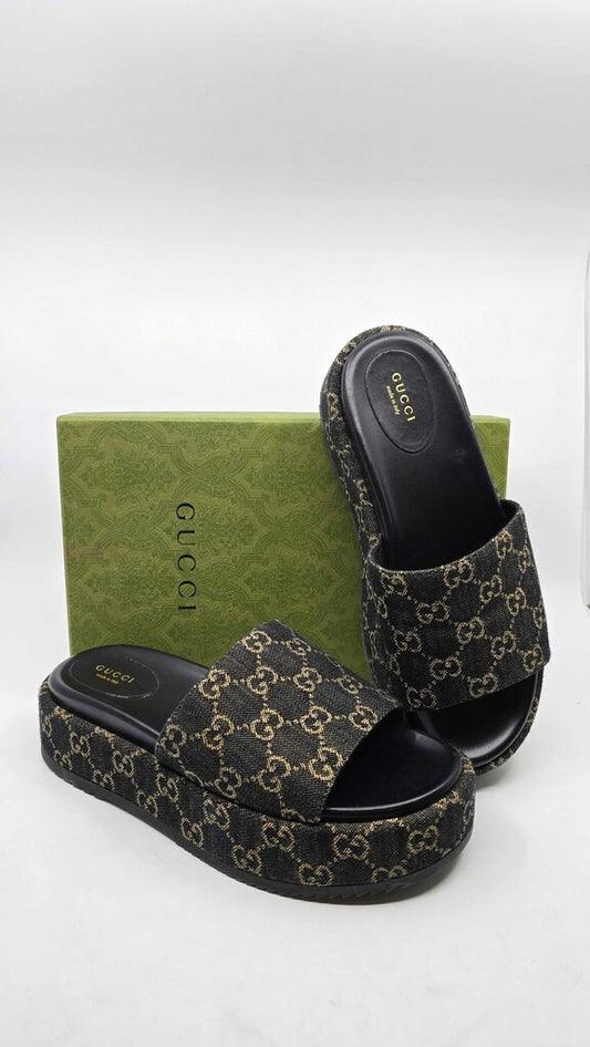 Gucci Jacquard Denim GG Monogram Angelina Platform Slide Sandals