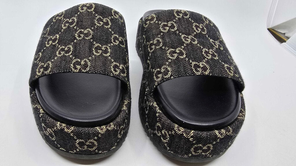 Gucci Jacquard Denim GG Monogram Angelina Platform Slide Sandals