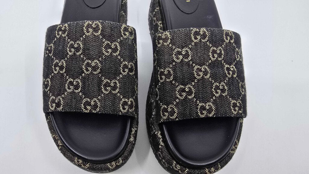 Gucci Jacquard Denim GG Monogram Angelina Platform Slide Sandals