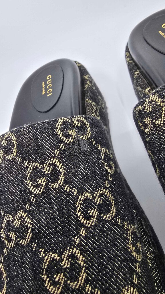 Gucci Jacquard Denim GG Monogram Angelina Platform Slide Sandals