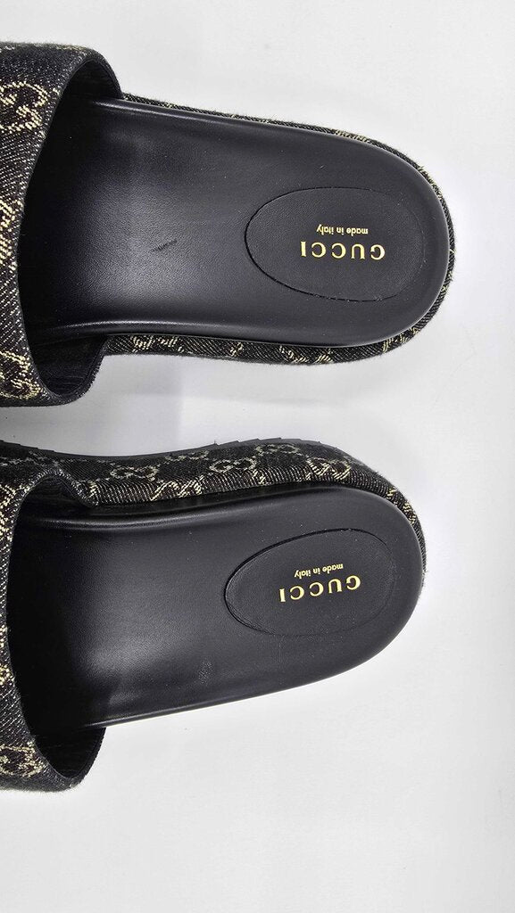 Gucci Jacquard Denim GG Monogram Angelina Platform Slide Sandals
