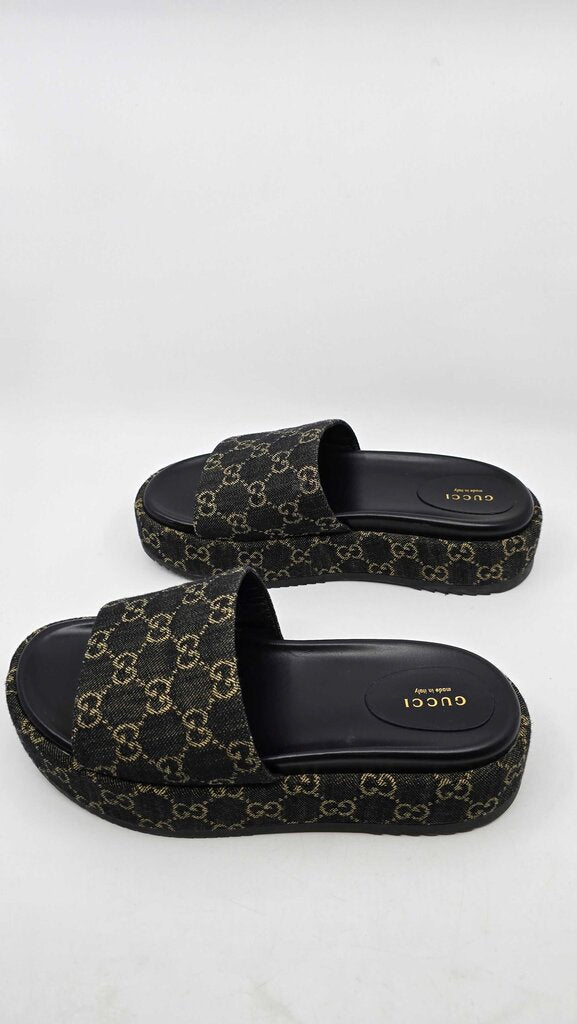 Gucci Jacquard Denim GG Monogram Angelina Platform Slide Sandals