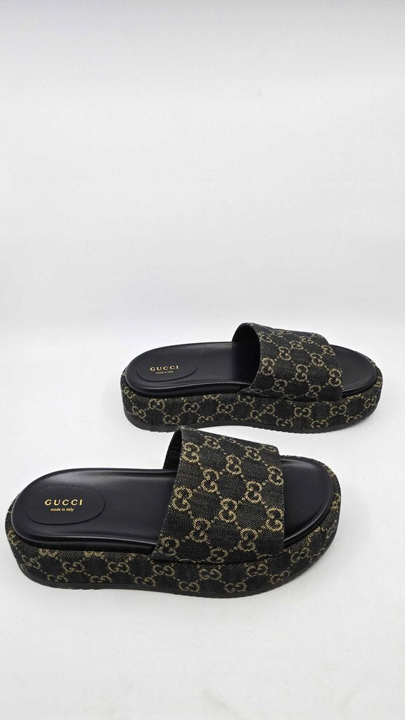 Gucci Jacquard Denim GG Monogram Angelina Platform Slide Sandals