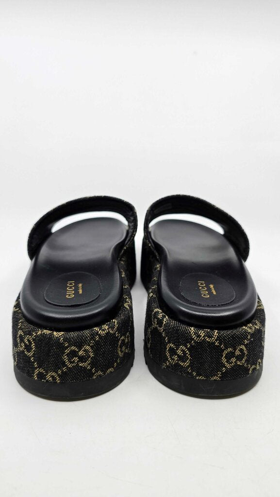 Gucci Jacquard Denim GG Monogram Angelina Platform Slide Sandals