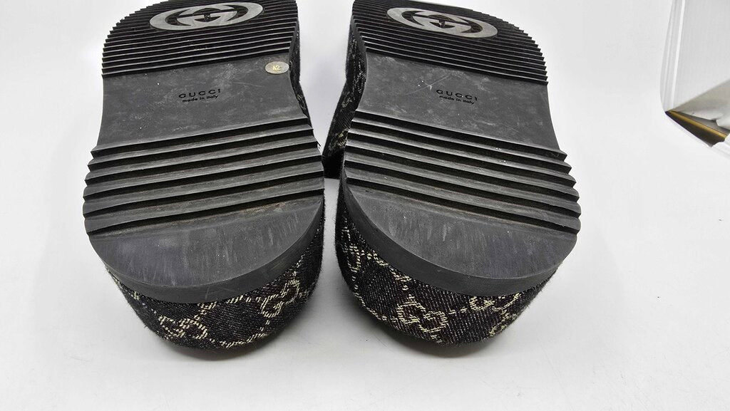 Gucci Jacquard Denim GG Monogram Angelina Platform Slide Sandals