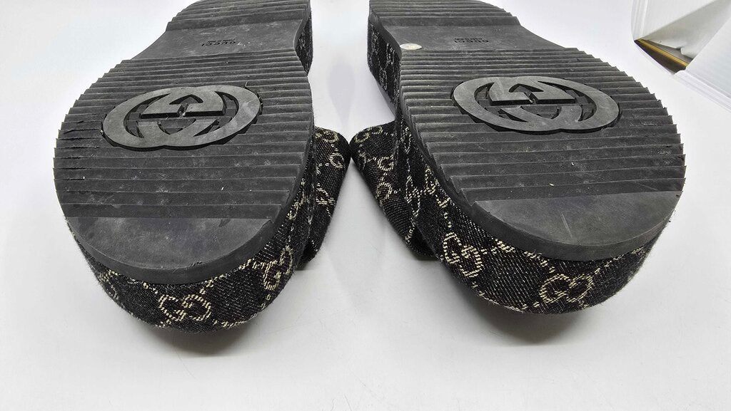 Gucci Jacquard Denim GG Monogram Angelina Platform Slide Sandals