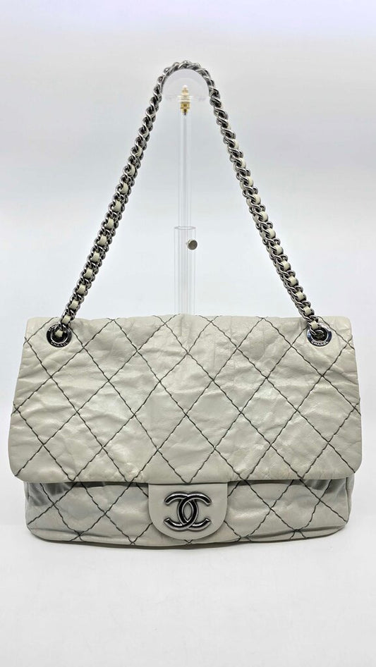 Chanel(2010) Glazed Goatskin Double Stitch Flap MAXI Bag-Grey