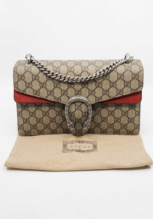 Gucci Dionysus Small Shoulder Bag GG Supreme Canvas with Red Suede