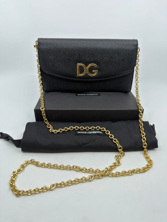 Dolce & Gabbana DG Logo Dauphine Leather Wallet on Chain (WOC) in black textured calfskin